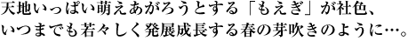 天地いっぱい萌えあがろうとする「もえぎ」が社色、いつまでも若々しく発展成長する春の芽吹きのように…。