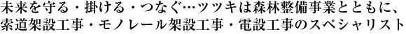 未来を守る・掛ける・つなぐ…ツツキは森林整備事業とともに、索道架設工事・モノレール架設工事・電設工事のスペシャリスト