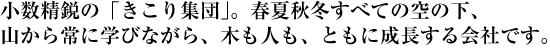 小数精鋭の「きこり集団」。春夏秋冬すべての空の下、山から常に学びながら、木も人も、ともに成長する会社です。